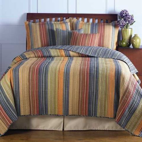 Image of Full / Queen 100% Cotton Quilt Set with Red Orange Blue Brown Stripes