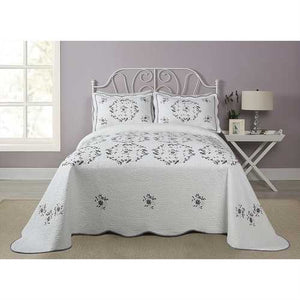 King size Cotton Bedspread with Scalloped Edges in White with Floral Print Embroidery