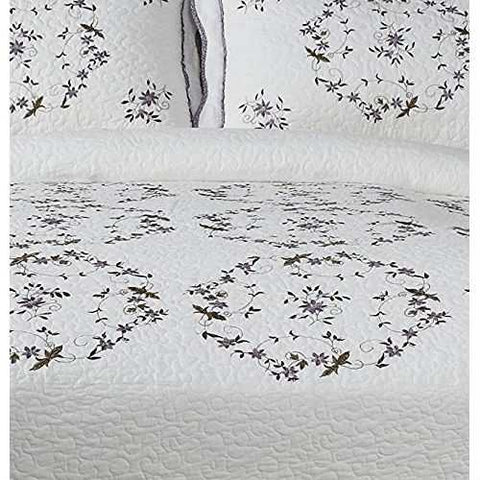 Image of King size Cotton Bedspread with Scalloped Edges in White with Floral Print Embroidery