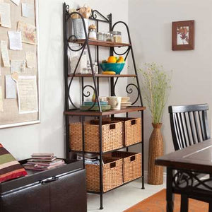 Durable Metal and Wood Bakers Rack with Classic Wicker Basket Storage