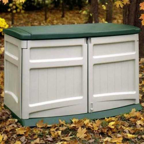 Image of Weather Resistant Outdoor Resin Storage Shed in Tan with Green Lid -  20 Cubic Ft Capacity