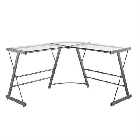 Image of Metal Frame Glass Top L-Shape Desk - Laptop Computer Writing Table