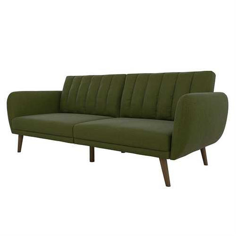 Image of Green Linen Upholstered Futon Sofa Bed with Mid-Century Style Wooden Legs