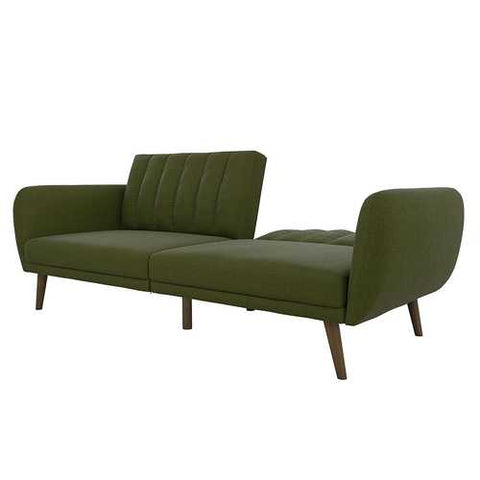 Image of Green Linen Upholstered Futon Sofa Bed with Mid-Century Style Wooden Legs