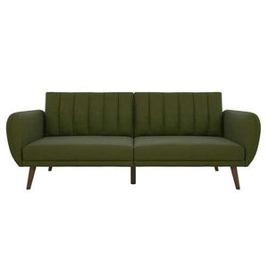 Green Linen Upholstered Futon Sofa Bed with Mid-Century Style Wooden Legs