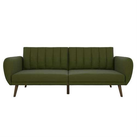 Image of Green Linen Upholstered Futon Sofa Bed with Mid-Century Style Wooden Legs