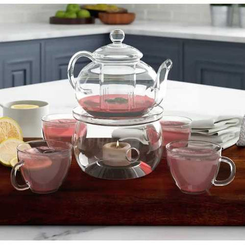 Image of 6-Piece Glass Tea Pot Set with 4 Cups Teapot Warmer and Infuser