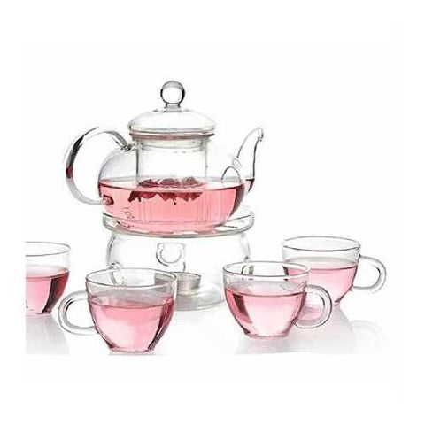 Image of 6-Piece Glass Tea Pot Set with 4 Cups Teapot Warmer and Infuser