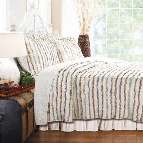 Image of Full / Queen 100% Cotton Quilt Set Ruffled Multi-color Stripes