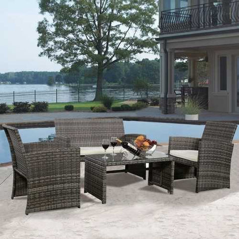 Image of Grey Resin Wicker Rattan 4-Piece Patio Furniture Set with Seat Cushions