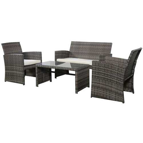 Image of Grey Resin Wicker Rattan 4-Piece Patio Furniture Set with Seat Cushions