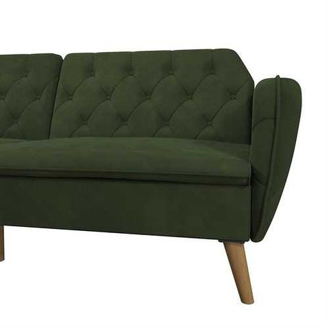 Image of Memory Foam Futon Sofa Bed with Green Velvet Upholstery and Wood Legs