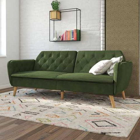 Image of Memory Foam Futon Sofa Bed with Green Velvet Upholstery and Wood Legs