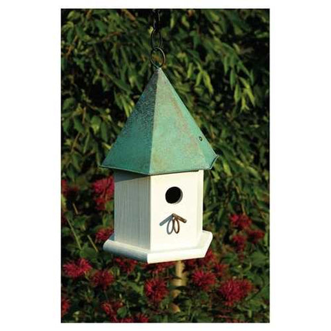 Image of White Wood Bird House with Verdi Green Copper Roof - Made in USA