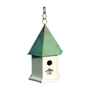 White Wood Bird House with Verdi Green Copper Roof - Made in USA