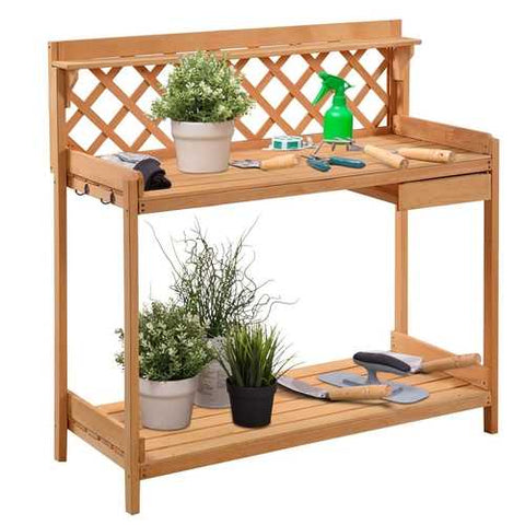 Image of Outdoor Home Garden Wooden Potting Bench with Storage Drawer