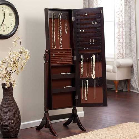 Image of Jewelry Armoire and Full-Length Tilting Mirror in Espresso Brown Wood Finish