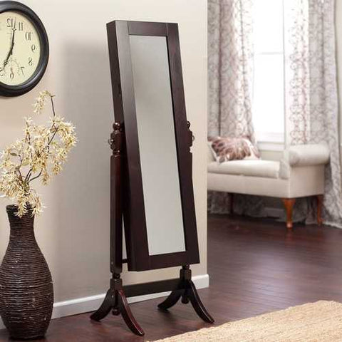 Image of Jewelry Armoire and Full-Length Tilting Mirror in Espresso Brown Wood Finish