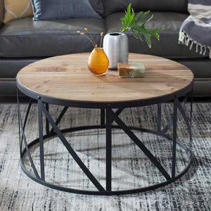 Round Metal and Wood Drum Shaped Coffee Table