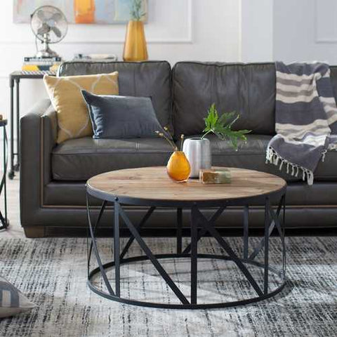 Image of Round Metal and Wood Drum Shaped Coffee Table