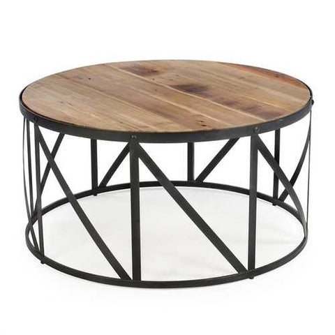 Image of Round Metal and Wood Drum Shaped Coffee Table