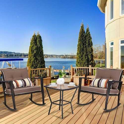 Image of Brown 3 Piece Patio Set Rattan Wicker Rocking Chairs with Coffee Table