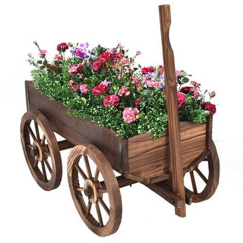 Image of Mobile Half Barrel Solid Wood Planter Box on Wooden Wheels