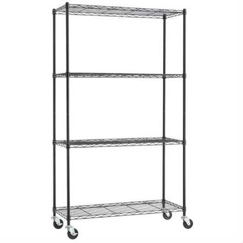 Image of Heavy Duty Black Steel 4-Tier Shelving Unit with Locking Casters