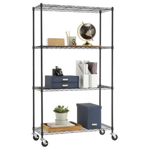 Image of Heavy Duty Black Steel 4-Tier Shelving Unit with Locking Casters