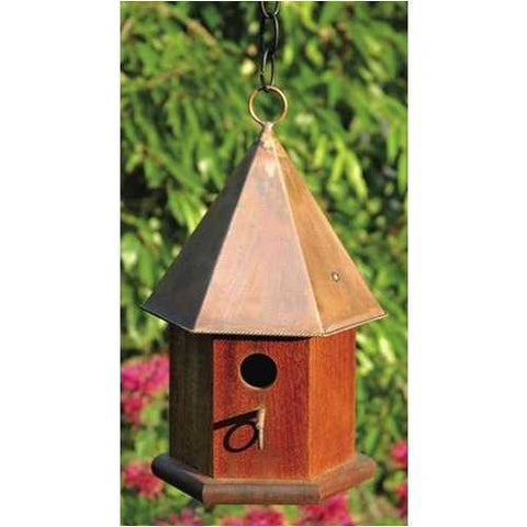 Image of Solid Mahogany Wood Songbird Birdhouse with Shiny Copper Roof