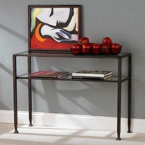 Image of Metal Glass Top Sofa Table Occasional Console Table with Shelf