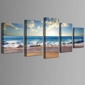 Beach Ocean Seascape 5-Panel Framed Canvas Print Wall Art