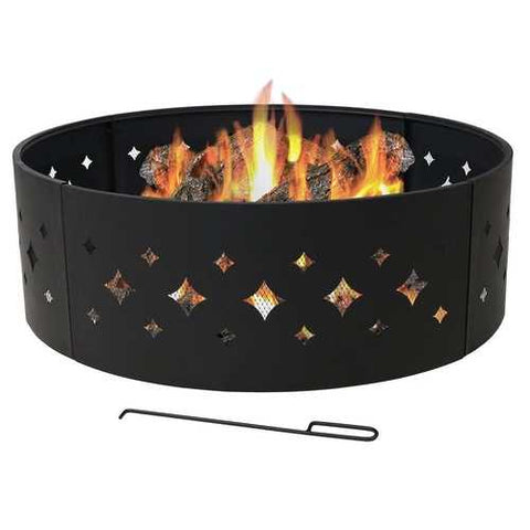 Image of Heavy Duty 36-inch Black Steel Fire Pit Ring with Diamond Pattern