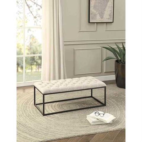 Image of Beige Fabric Padded Button-Tufted Ottoman Accent Bench with Metal Frame