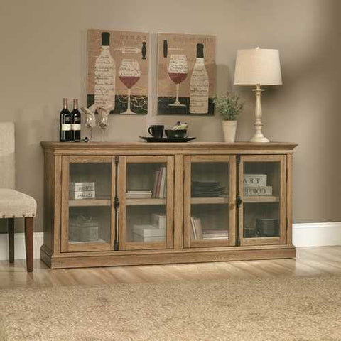 Image of Scribed Oak Wood Finish TV Stand with Tempered Glass Doors - Made in USA