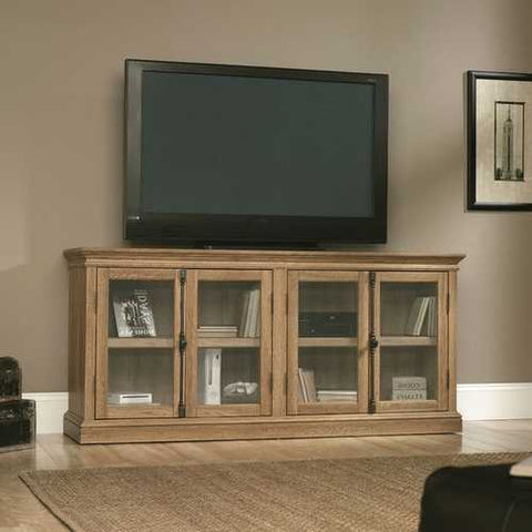 Image of Scribed Oak Wood Finish TV Stand with Tempered Glass Doors - Made in USA