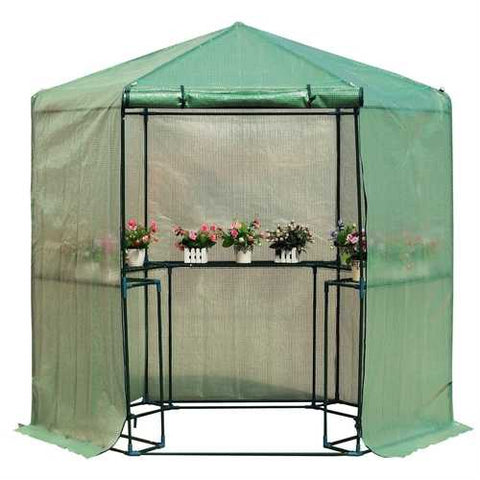 Image of Outdoor Hexagon Greenhouse 6.5 x 7 Ft with Steel Frame PE Cover and Shelves