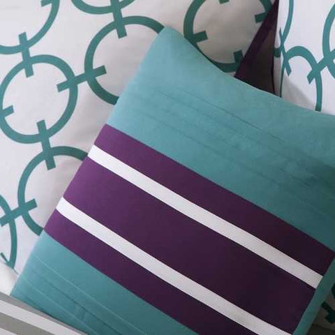 Image of Full/Queen 5-Piece Comforter Set in Purple White Teal Circles & Stripes