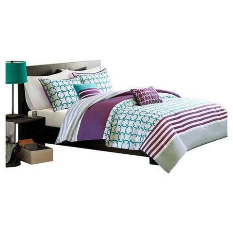 Image of Twin/Twin XL 4-Piece Comforter Set Purple White Teal Circles & Stripes