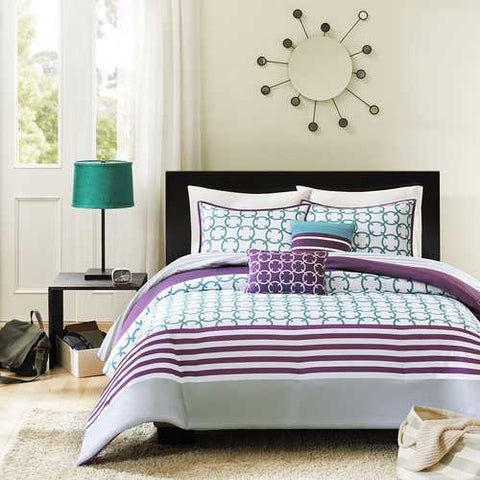 Image of Twin/Twin XL 4-Piece Comforter Set Purple White Teal Circles & Stripes