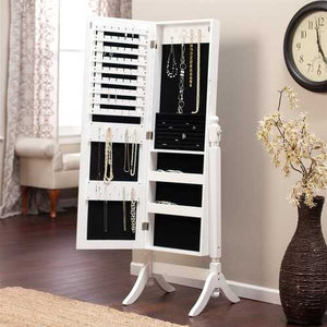 Full Length Tilting Cheval Mirror Jewelry Armoire Cabinet in Gloss White Wood Finish