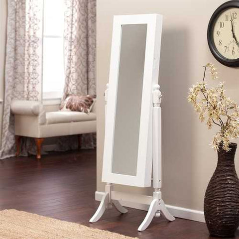 Image of Full Length Tilting Cheval Mirror Jewelry Armoire Cabinet in Gloss White Wood Finish