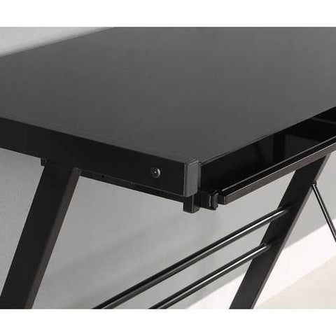 Image of Black Metal L-Shaped Corner Computer Desk with Glass Top