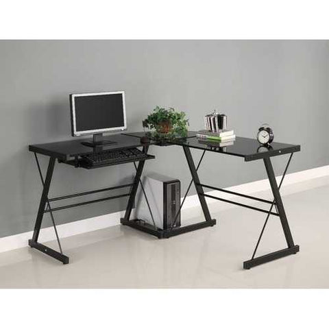 Image of Black Metal L-Shaped Corner Computer Desk with Glass Top