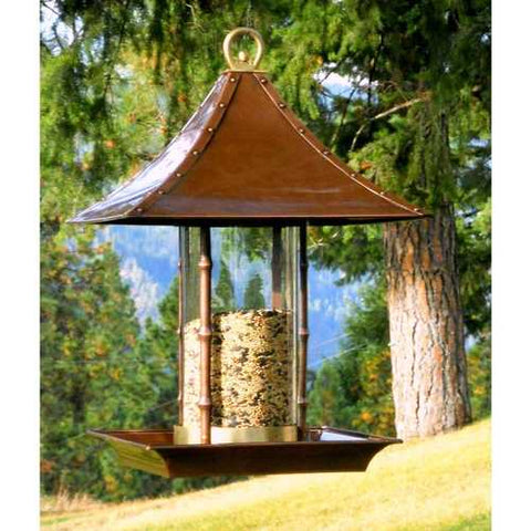 Image of Copper Finish Metal Bamboo and Glass Asian Style Wild Bird Feeder