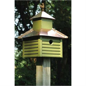 Pinion Green Birdhouse with White / Bright Copper Roof and Rooster Top