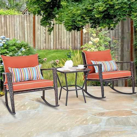 Image of Red 3 Piece Patio Set Rattan Wicker Rocking Chairs with Coffee Table