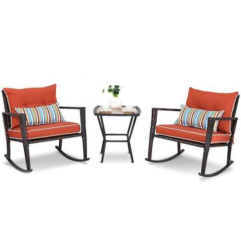 Image of Red 3 Piece Patio Set Rattan Wicker Rocking Chairs with Coffee Table