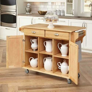 Natural Wood Finish Kitchen Island Cart with Locking Casters