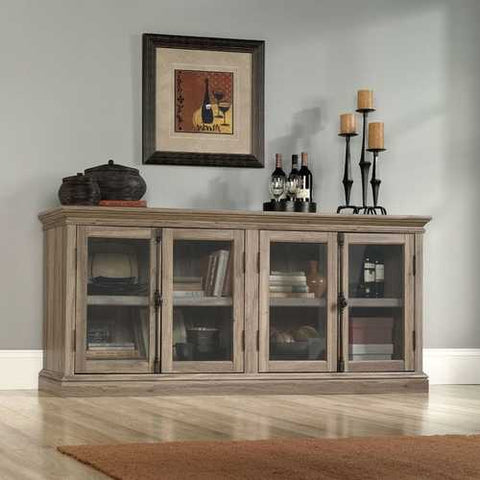 Image of Salt Oak Wood Finish TV Stand with Tempered Glass Doors - Fits up to 80-inch TV